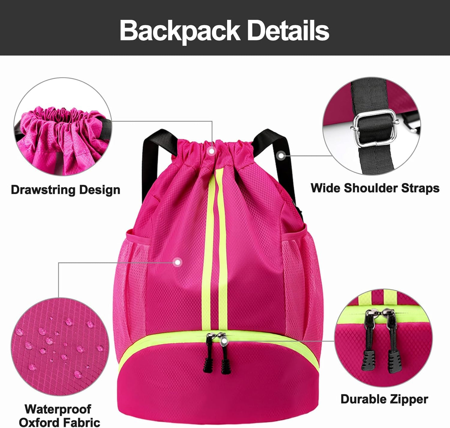 Hoedia Sports-Kordelzugrucksack – Schwimm-Turnbeutel mit Schuhfach und wasserdichter Tasche für Damen und Herren
