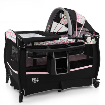 BABY JOY 4 in 1 Pack and Play, Portable Baby Playard with Bassinet & Flip-Away Changing Table, Canopy, Portable Bedside Crib with Storage Basket, Oxford Bag, Infant Bassinet from Newborn to Toddlers