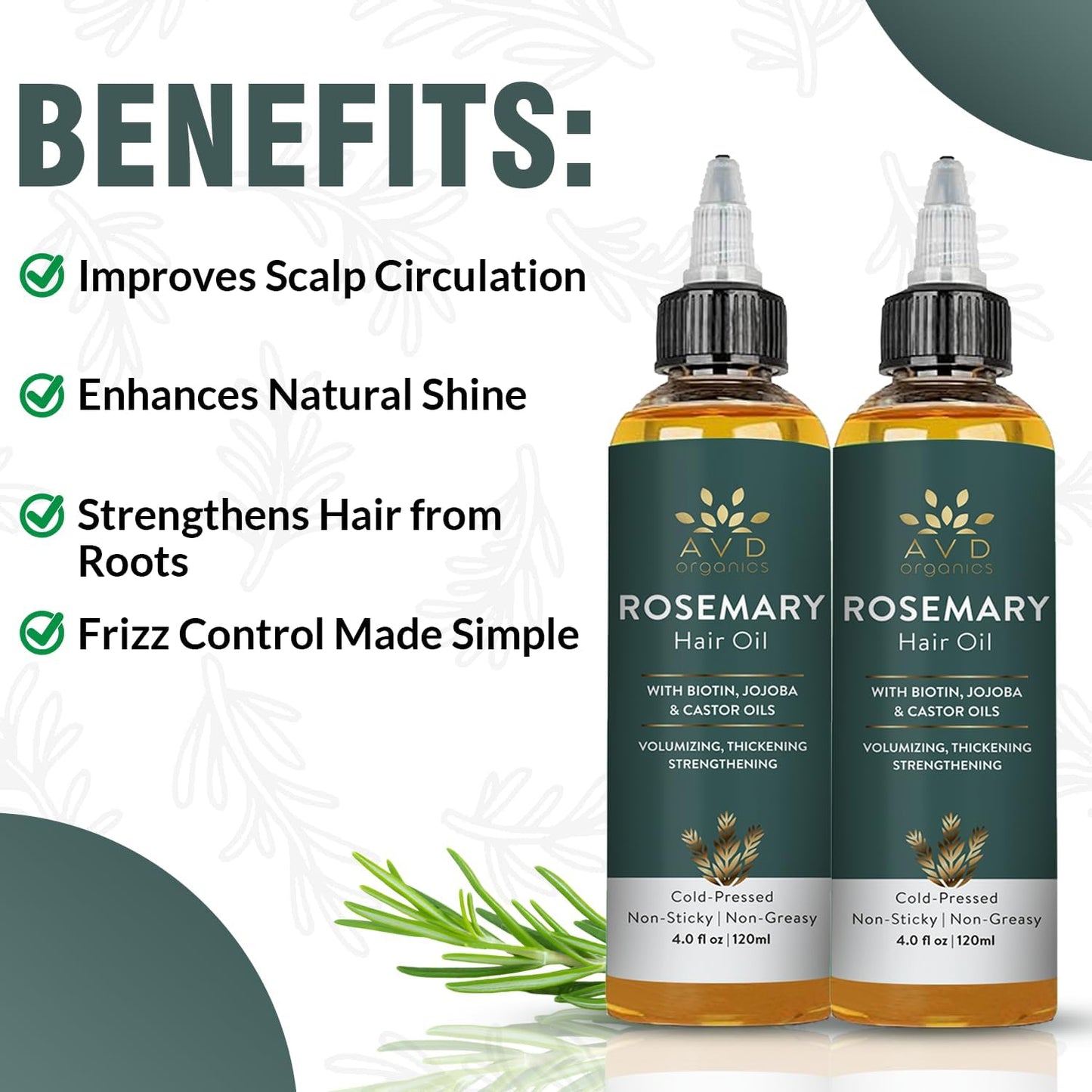 AVD Organics Rosmarinöl für Haarwachstum & Kopfhaut | Mit Biotin angereichert | Haarstärkend, pflegend und voluminös | Mit Jojoba- & Rizinusöl angereichert | GVO-frei 120ml
