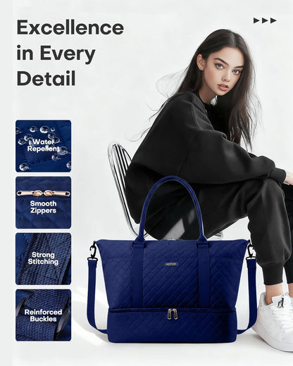 HOTOR Reisetasche - Große Weekender-Tasche für Frauen, Handgepäck mit Schuhfach, Übernachtungstasche mit Kulturtasche für Reiseutensilien und Reisezubehör, Schwarz, 34,0 x 45,0 x 20,0 cm