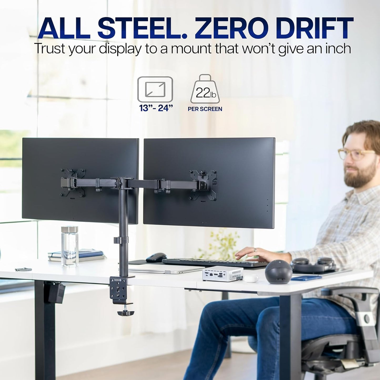 VIVO Dual-Monitor Tischhalterung, für 2 Bildschirme bis zu 30 Zoll und je 10 kg, Hochleistungs-Stahlständer voll verstellbar mit Klemme und Tülle, Schwarz, STAND-V002