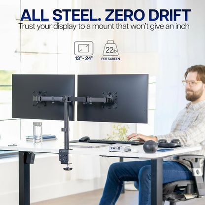 VIVO Dual-Monitor Tischhalterung, für 2 Bildschirme bis zu 30 Zoll und je 10 kg, Hochleistungs-Stahlständer voll verstellbar mit Klemme und Tülle, Schwarz, STAND-V002
