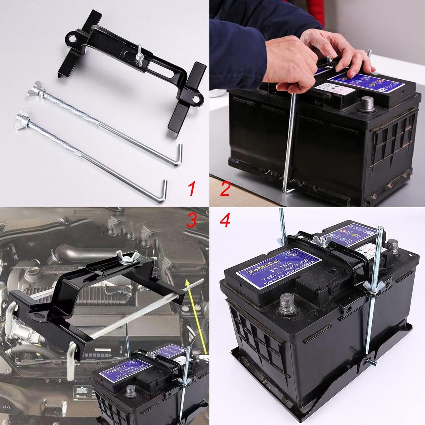 Verstellbare Batteriebefestigung, Universelle, verstellbare Batterieklemme mit J-Bolzen passend für SUV und PKW, guter Kontakt, Korrosionsbestenz. (27 cm Bolzen)