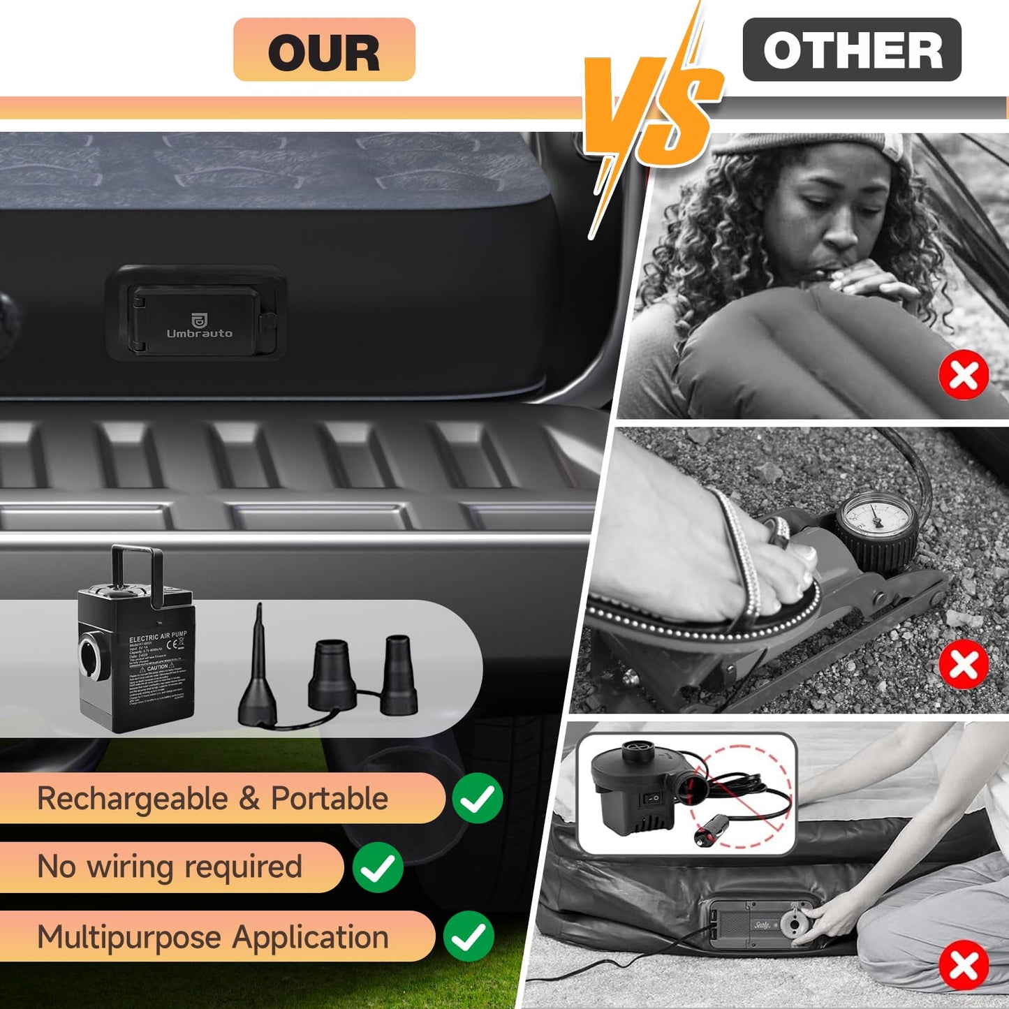 Umbrauto Car Air Mattress Backseat| Inflatable Truck Back Seat Camping Airbed for SUV Rear Seat, Blow Up Sleeping Travel Bed for Van Trunk with Pump & Pillows