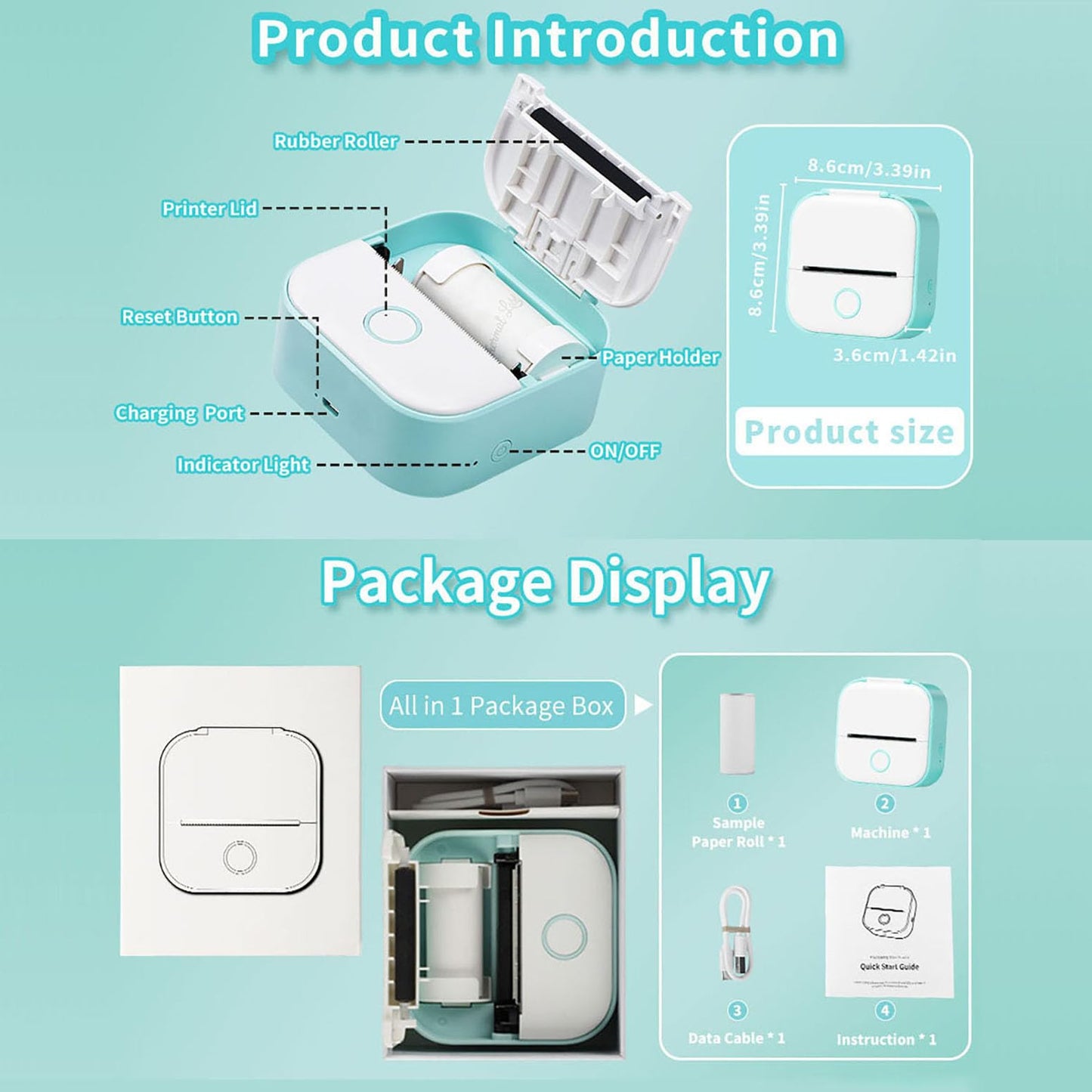 Memoking Mini-Drucker - T02 Aufkleberdrucker, Druckkapsel, tragbarer thermischer tintenloser Aufkleberhersteller, Bluetooth-Taschen-Minifotodrucker, Sofortdruck, Smart AI APP, für Studentenstudiennotizen, Tagebuch, Heimwerker, Geschenk