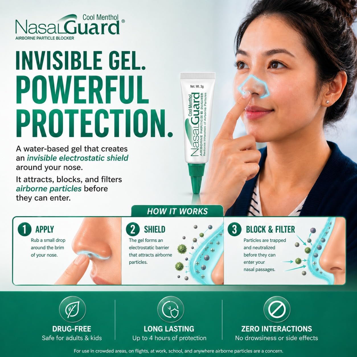 for Air Travelers | Cabin Air Protection Gel | Helps Block Dust, Mold & Airborne Contaminants | Drug-Free, Applied Around Nose | TSA Friendly | 150+ Uses (Unscented, 10g, Pack of 6)