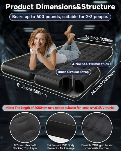 Umbrauto Car Air Mattress Backseat| Inflatable Truck Back Seat Camping Airbed for SUV Rear Seat, Blow Up Sleeping Travel Bed for Van Trunk with Pump & Pillows
