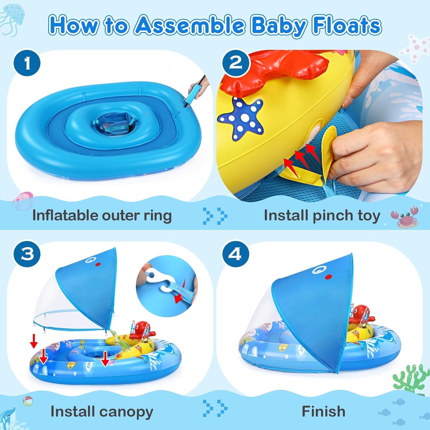 EZIGO Baby Pool Float with Canopy UPF50+ Sun Protection, Inflatable Kids Pool Floats with Ocean Animal Toys for Baby 6-36 Months, Infant Swimming Float with Adjustable Safety Seat for Boys Girls
