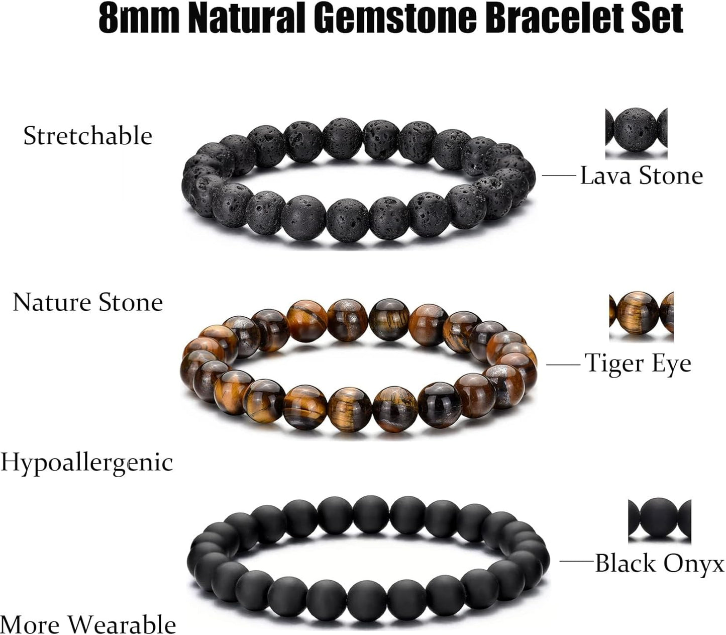 Tigerauge Armband für Herren 8MM Natursteinperlen Armband Set Stretch Lava Stein Armbänder Verstellbares Schwarzes Kristallperlenarmband für Herren Damen Geschenke