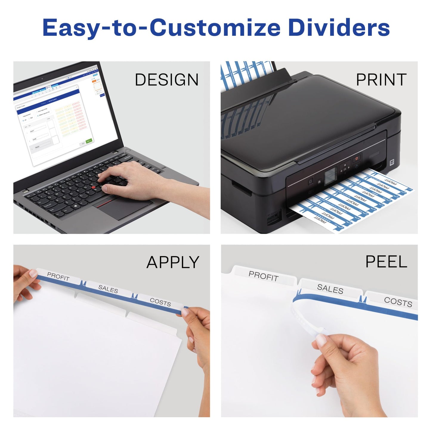 Avery 3-Tab Dividers for 3 Ring Binder, Easy Print & Apply Clear Label Strip, Index Maker Customizable White Tabs, 25 Sets (11445)