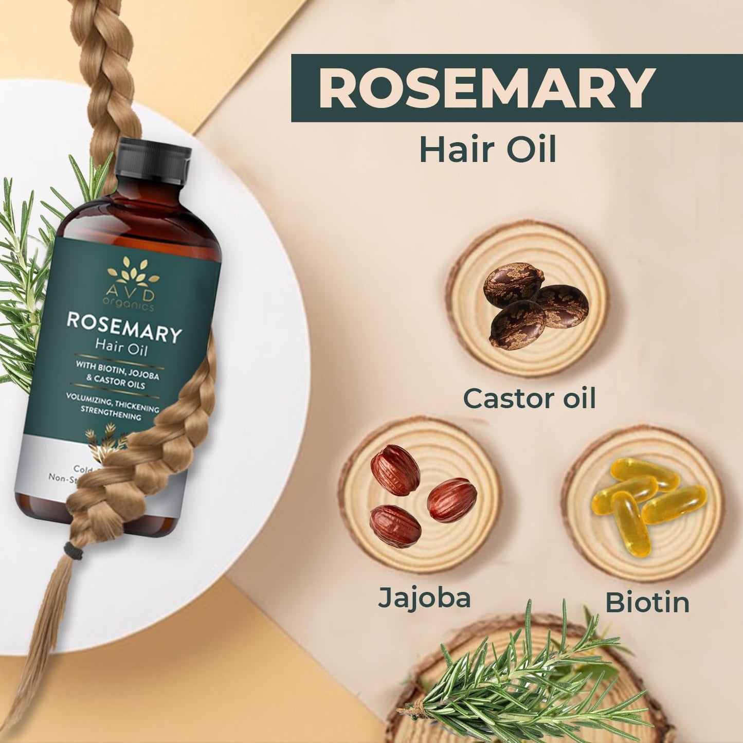 AVD Organics Rosmarinöl für Haarwachstum & Kopfhaut | Mit Biotin angereichert | Haarstärkend, pflegend und voluminös | Mit Jojoba- & Rizinusöl angereichert | GVO-frei 120ml
