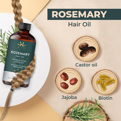 AVD Organics Rosmarinöl für Haarwachstum & Kopfhaut | Mit Biotin angereichert | Haarstärkend, pflegend und voluminös | Mit Jojoba- & Rizinusöl angereichert | GVO-frei 120ml