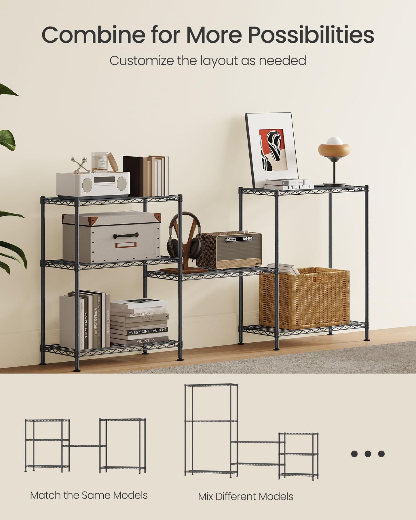 SONGMICS Storage Shelf, Small Metal Wire Shelving Unit, Adjustable Shelves, for Small Spaces, Garage, Bedroom, Living Room, Kitchen, Pantry, 5 Tier, 11.8 x 11.8 x 47.6 Inches, Ink Black ULGR123BH01