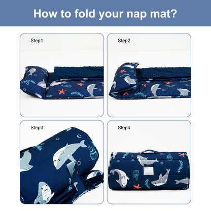 PHF Toddler Nap Mat with Removable Pillow and Minky Blanket, Rollup Design Kids Sleeping Mat, Slumber Bags for Boys, 55"x23" Toddler Sleeping Bag for Daycare Preschool Travel Camping, Space