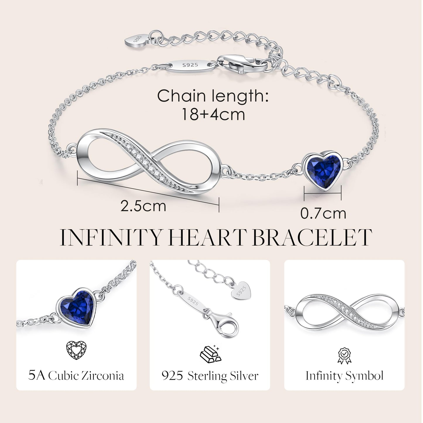 CDE Valentinstagsgeschenk Infinity Herz Geburtsstein Charm Gliederarmband für Damen 925 Sterling Silber Verstellbares Muttertags- Weihnachtsgeschenk Jubiläums- Geburtstags-Schmuck für Ehefrau Freundin Sie