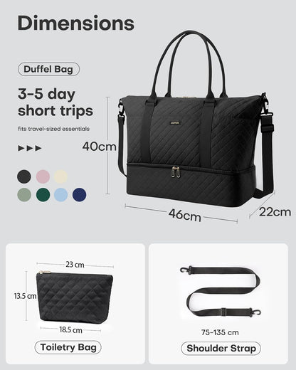 HOTOR Reisetasche - Große Weekender-Tasche für Frauen, Handgepäck mit Schuhfach, Übernachtungstasche mit Kulturtasche für Reiseutensilien und Reisezubehör, Schwarz, 34,0 x 45,0 x 20,0 cm