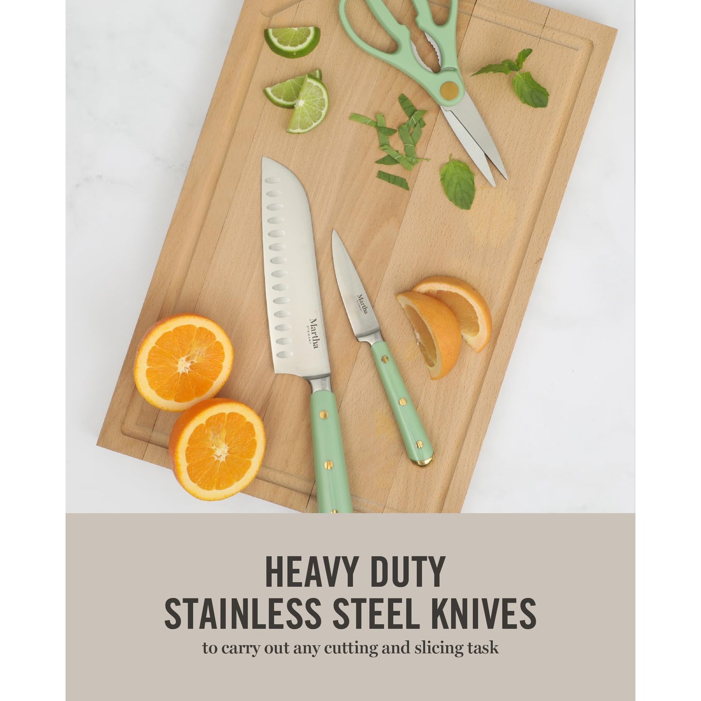 Martha Stewart Knife Block Set 16-Piece - Lockton High Carbon Stainless Steel Forged Full Tang Chef Knives, Acacia Wood Block, Triple Riveted Handles, Linen White & Gold