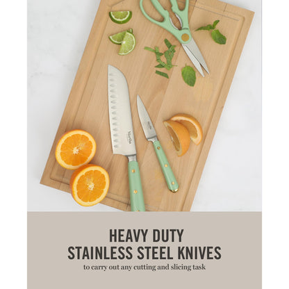 Martha Stewart Knife Block Set 16-Piece - Lockton High Carbon Stainless Steel Forged Full Tang Chef Knives, Acacia Wood Block, Triple Riveted Handles, Linen White & Gold