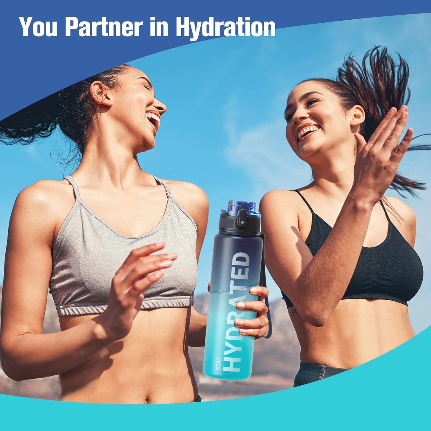 Sahara Sailor Trinkflasche, 950ml Motivations-Sportflasche mit Zeitmarkierung – Trinkzeiten – Tritan, BPA-frei, weite Öffnung auslaufsicher, Fast-Flow-Technologie mit Reinigungsbürste (1 Flasche)