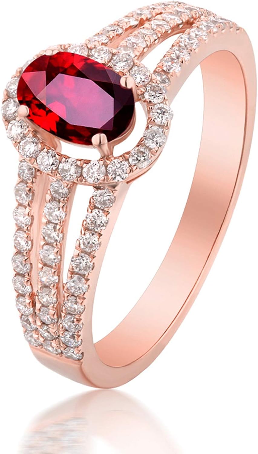 Aienid 18Ct Rose Gold Engagement Rings for Women Gold Diamond 0.45Ct Three Lines with Round Diamond and Oval Ruby Wedding Rings for Women