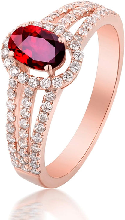 Aienid 18Ct Rose Gold Engagement Rings for Women Gold Diamond 0.45Ct Three Lines with Round Diamond and Oval Ruby Wedding Rings for Women