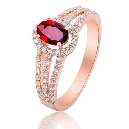 Aienid 18Ct Rose Gold Engagement Rings for Women Gold Diamond 0.45Ct Three Lines with Round Diamond and Oval Ruby Wedding Rings for Women