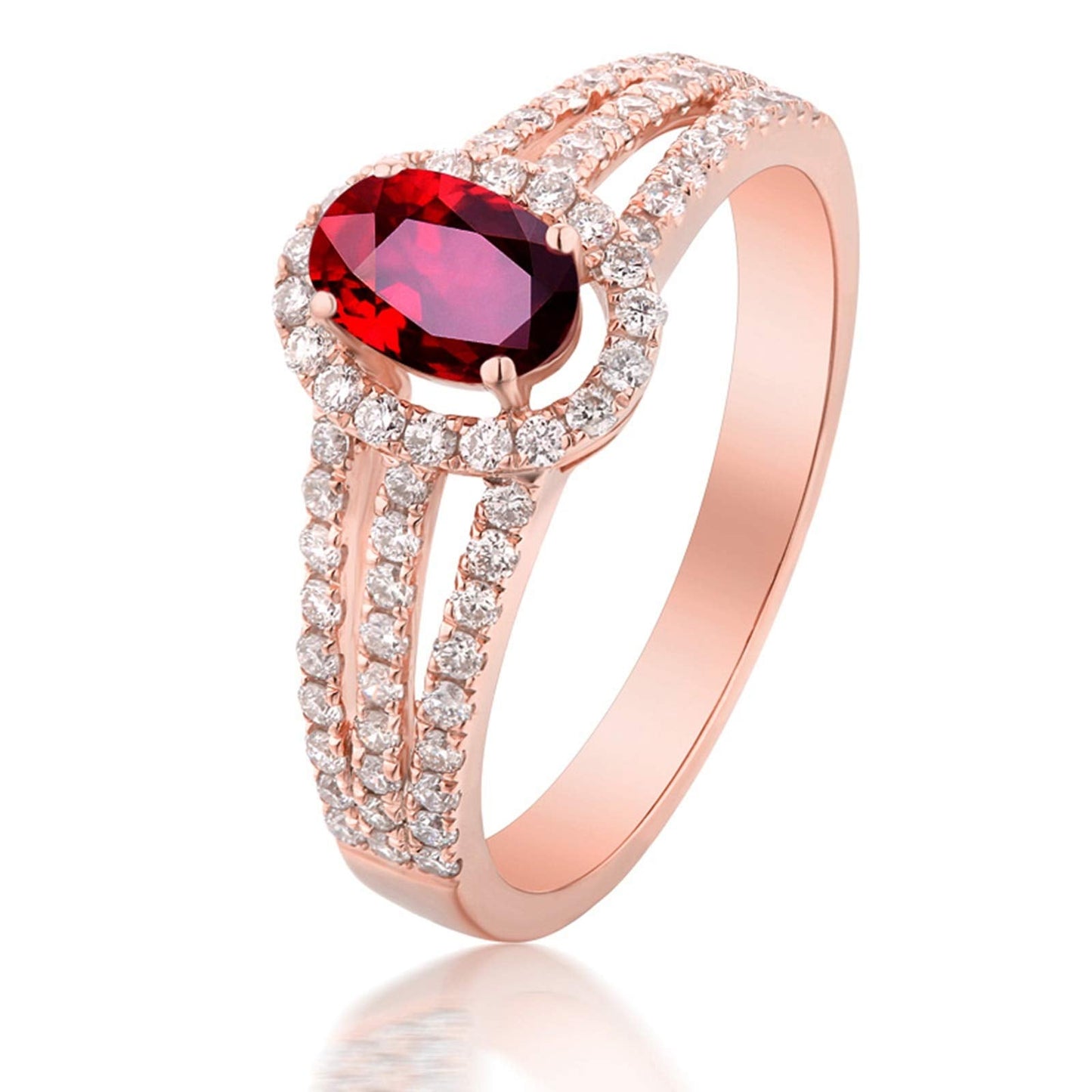 Aienid 18Ct Rose Gold Engagement Rings for Women Gold Diamond 0.45Ct Three Lines with Round Diamond and Oval Ruby Wedding Rings for Women