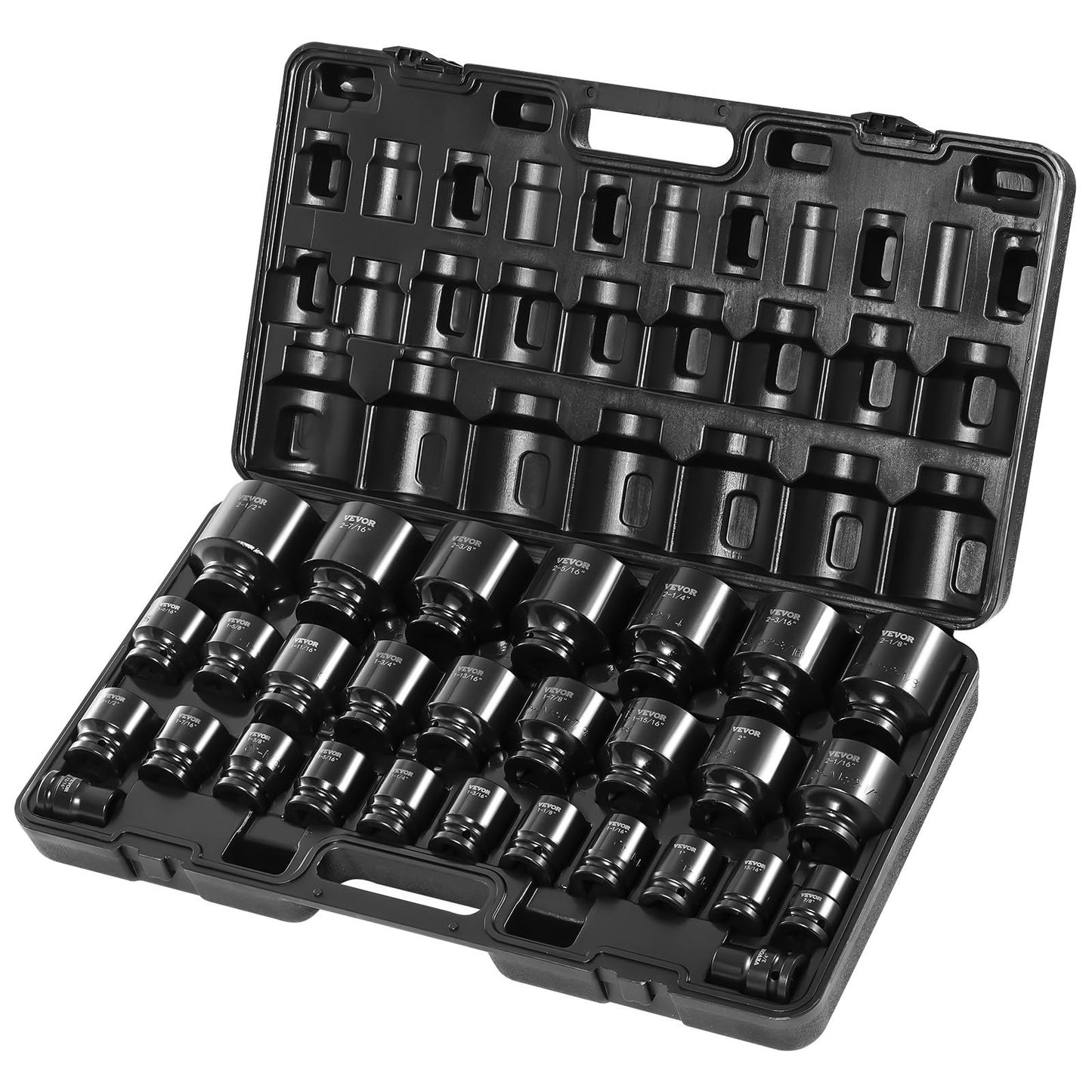 VEVOR 91-Piece 1/2" Drive Impact Socket Set, SAE (5/16" to 1-1/4") & Metric (8 to 32 mm), CR-V, Deep & Shallow, 6 Point, Ratchet Handle, Universal Joint, Adapters, Extension Bars (3, 5, 10 in)