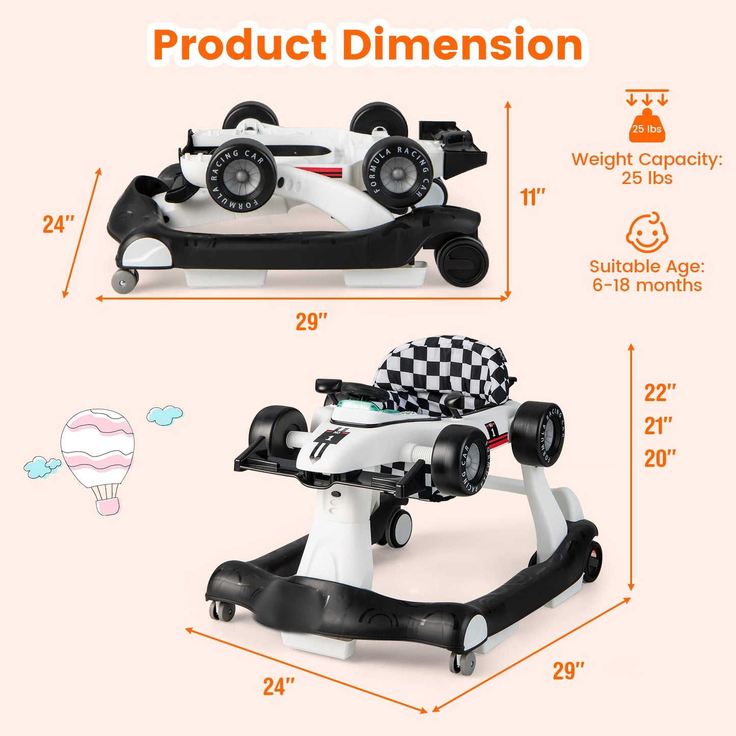 HONEY JOY 4-in-1 Baby Walker, Activity Push Walker w/3 Adjustable Heights, Smooth Wheels w/Adjustable Speed, Padded Seat, Music & Light, Foldable Car Walker for Baby Boys Girls Age 6 Months+ (Blue)