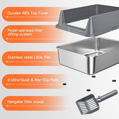 Stainless Steel Cat Litter Box, Odor Free Metal Litter Box with High Sides Lid, Open Top Low Entry Litter Pan Include Scoop Easy Cleaning Anti-Scratch Kitty Cat Box Anti-Urine Leakage, Non-Sticky