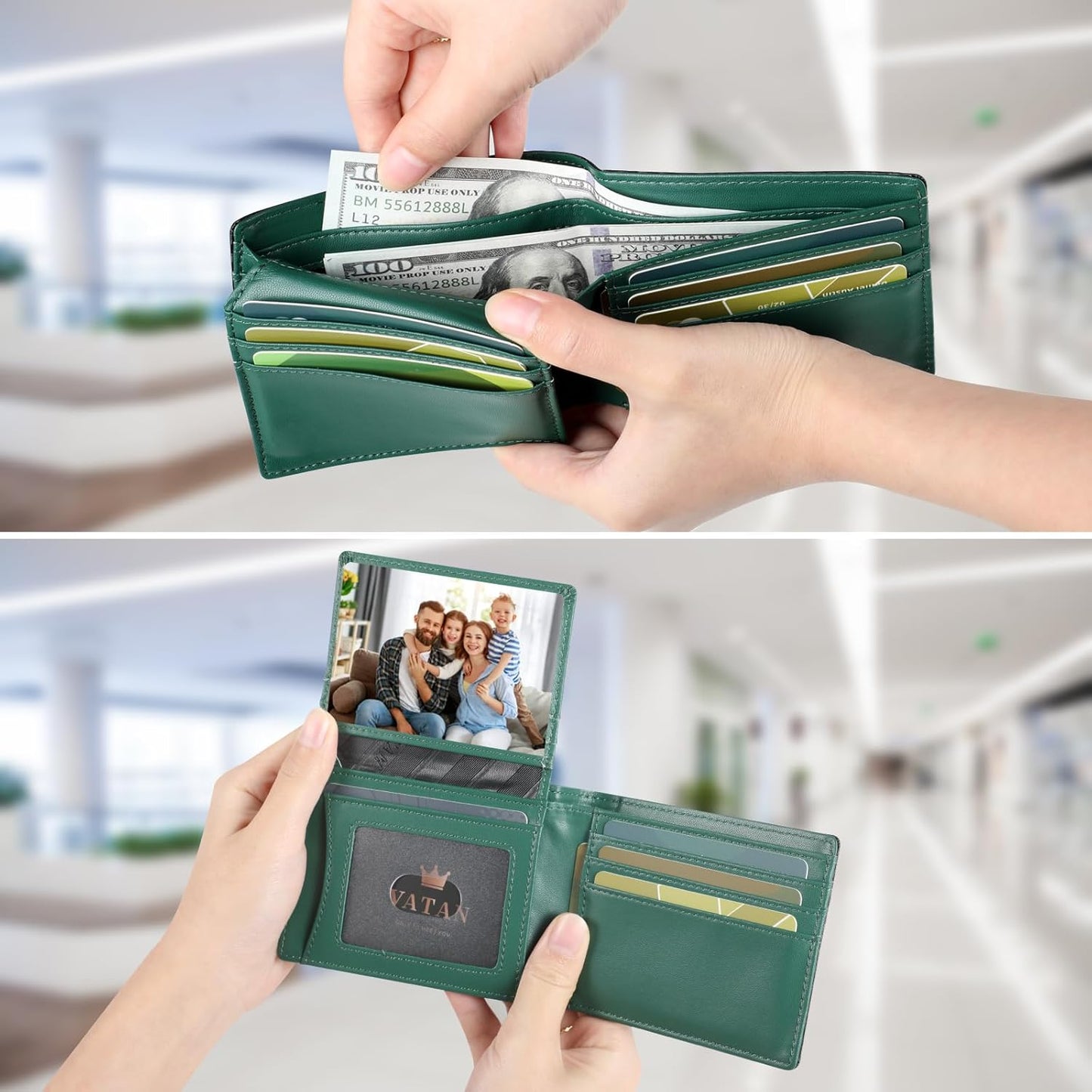 VATAN Herren Slim Wallet RFID Schutz Leder Kreditkartenetui für 15 Karten, Bifold Minimalistisches Dünnes Portemonnaie mit 2 Ausweisfenstern und Geldscheinfach, mit Geschenkbox (Carbon Fiber Schwarz)