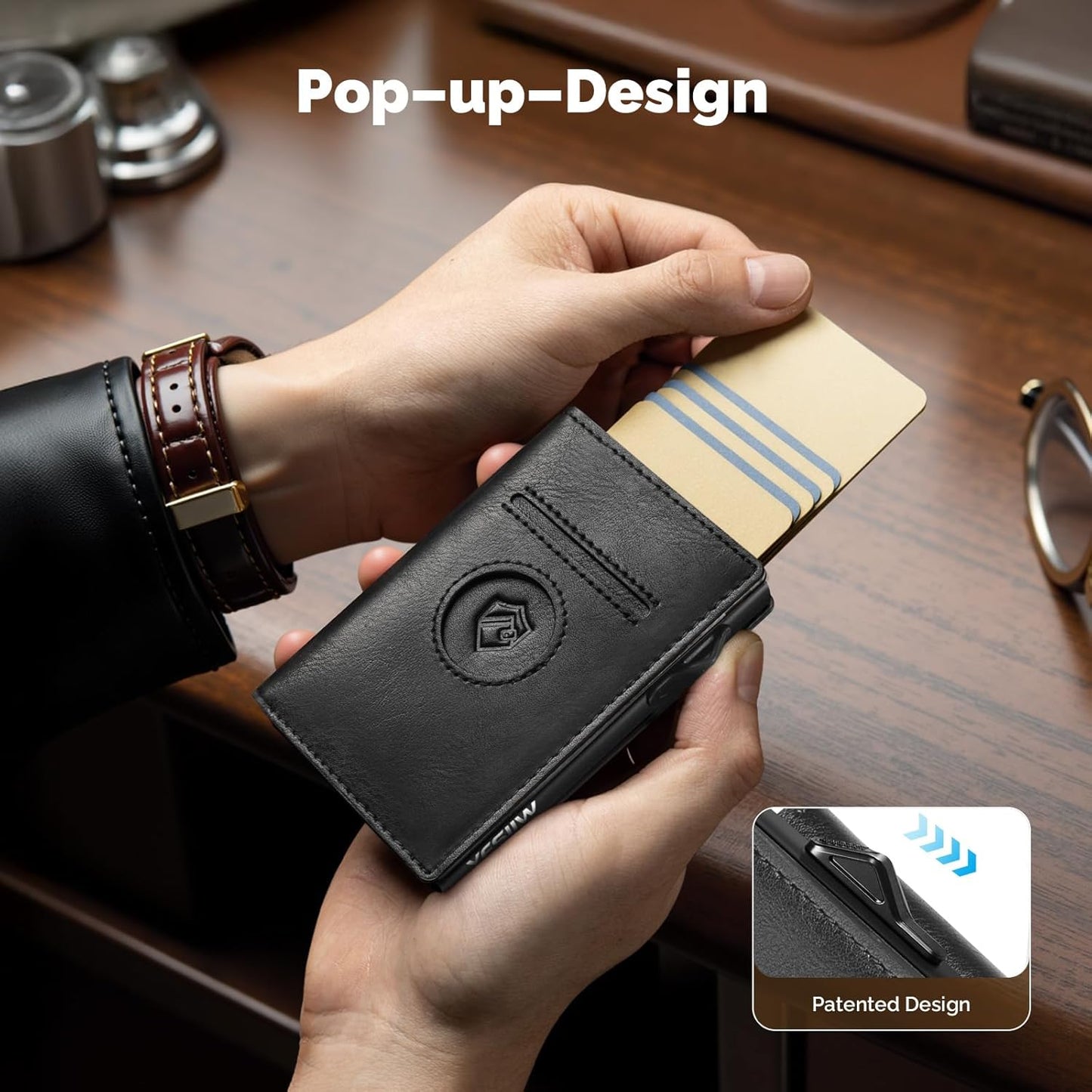 YESIIW Minimalistisches Pop-up-Kartenetui für Herren, RFID-blockierend | Schlankes Visitenkartenetui mit Geldfach | Aluminium-Metall-Bankkartenetui für Scheine, Münzen und Debitkarten