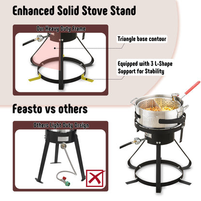 Feasto 10 Qt Outdoor Propane Gas Fish Fryer Pot Kit with Strainer Basket | Aluminum, 50,000 BTU Burner, Adjustable 0-5 PSI Regulator, Perfect for Boiling and Frying