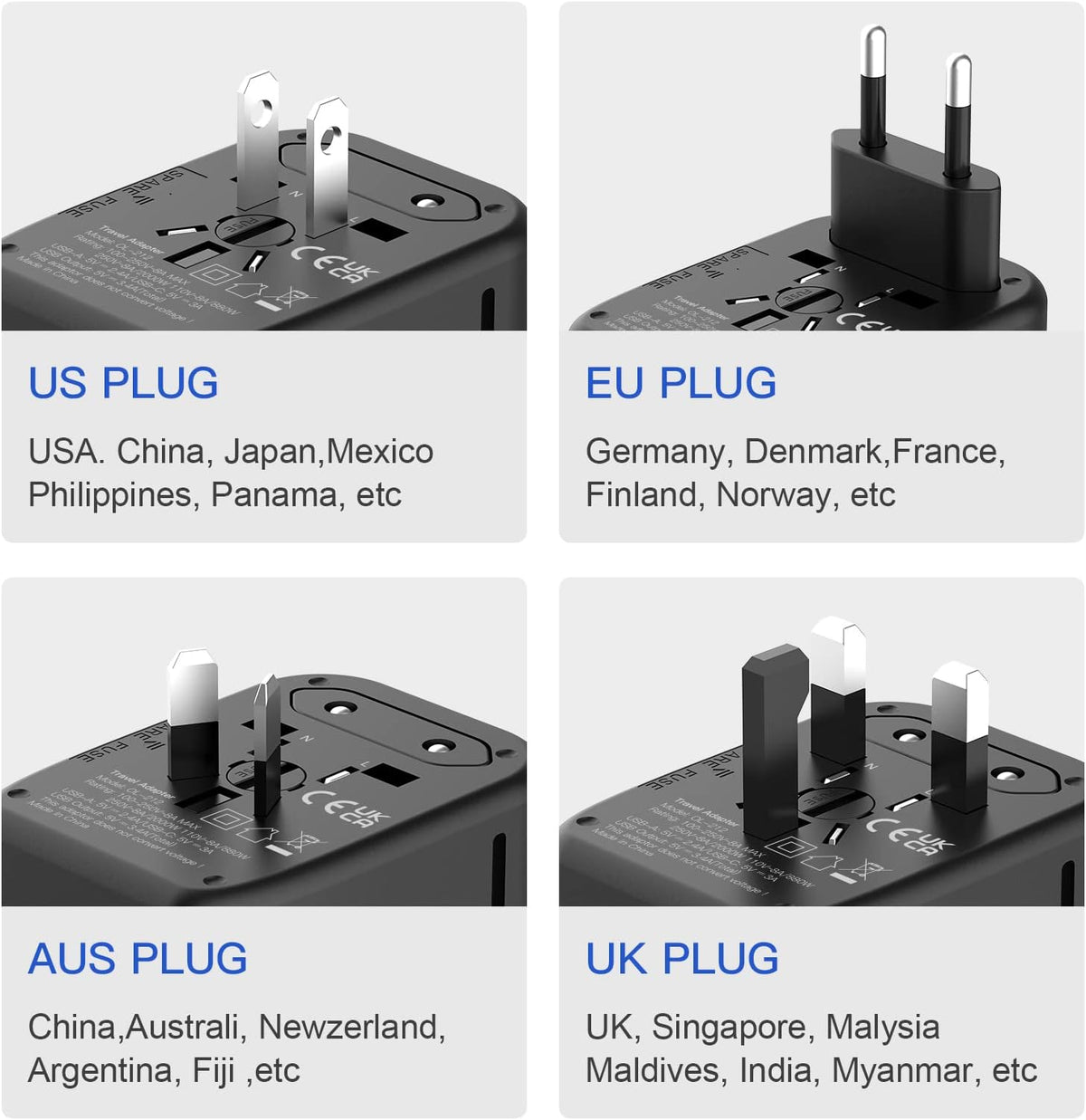 VYLEE Universal International Power Travel Plug Adapter, 5 in 1 European Travel Plug Adapter W/ 3.5A 2xUSB-A and 2xUSB C Wall Charger and Worldwide AC Outlet for Europe USA UK AUS Asia (White)
