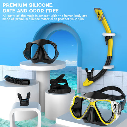 Greatever Dry Snorkel Set,Panoramic Wide View Anti-Fog Scuba Diving Mask,Professional Snorkeling Gear for Adults Kids