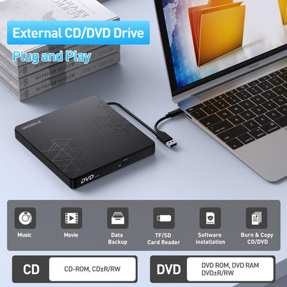 ORIGBELIE externes DVD-Laufwerk, CD-Laufwerk USB 3.0 Typ-C CD/DVD ROM +/-RW Adapter mit USB-Anschluss DVD-Brenner für Laptop, PC, Desktop-Computer, optisches Laufwerk CD-Player kompatibel mit Mac Windows Linux