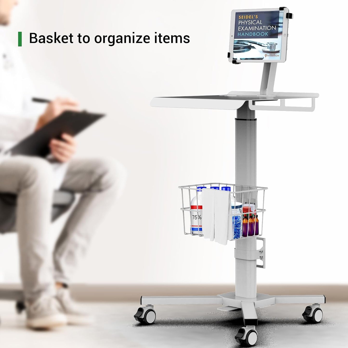 Mobile Medical Tablet Cart Compatible with 9.7-12.9” iPad, Rolling Medical Workstation, Mobile Tablet Workstation for Hospital, Clinic, Library, Restaurant, Rolling Floor Stand Cart
