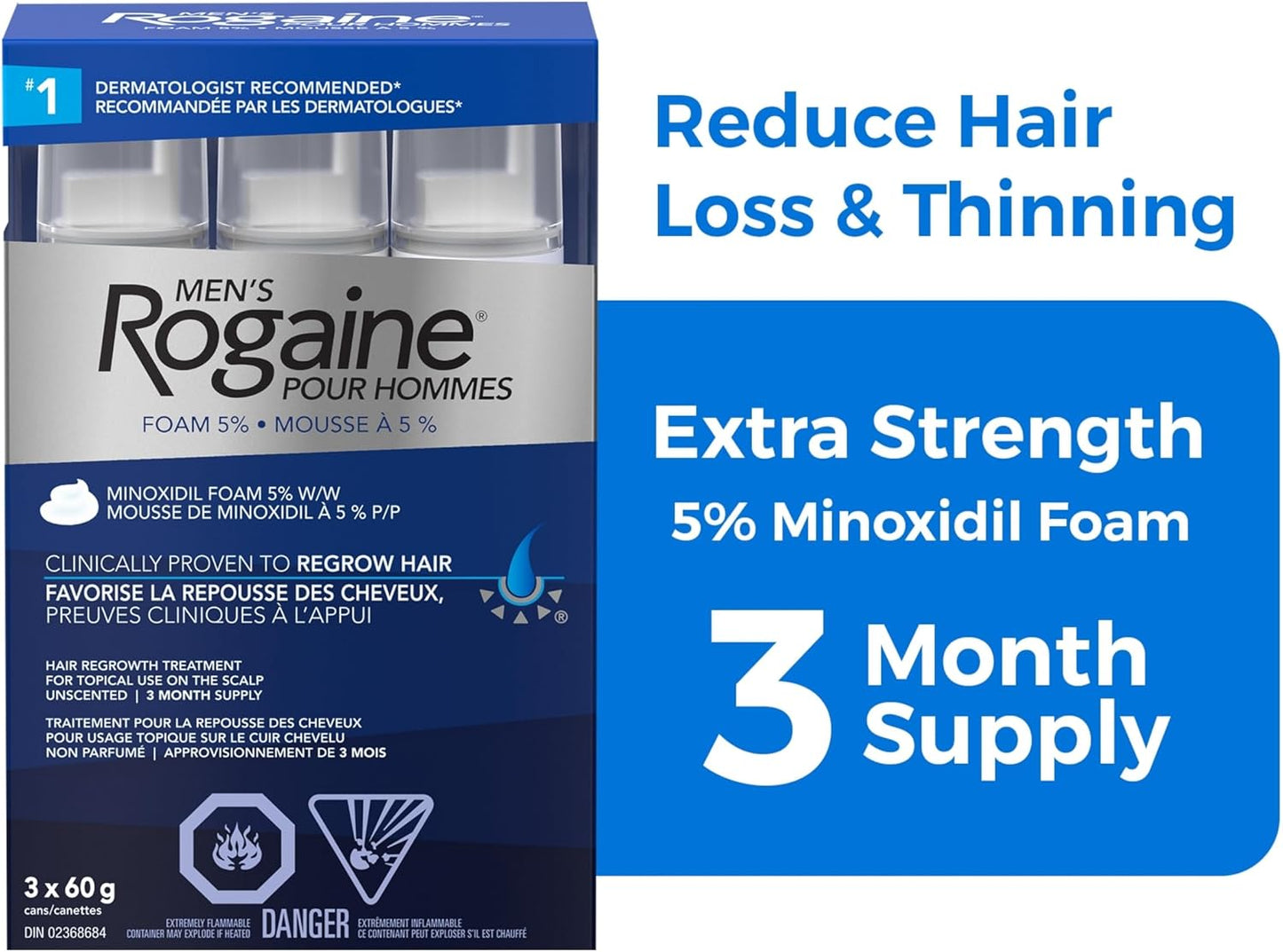 Rogaine Men's Hair Regrowth Treatment with 5% Minoxidil Foam - Clinically Tested for Male Pattern Baldness - 3-Month Supply, Quick-Dry Formula, 3x 60g Canisters