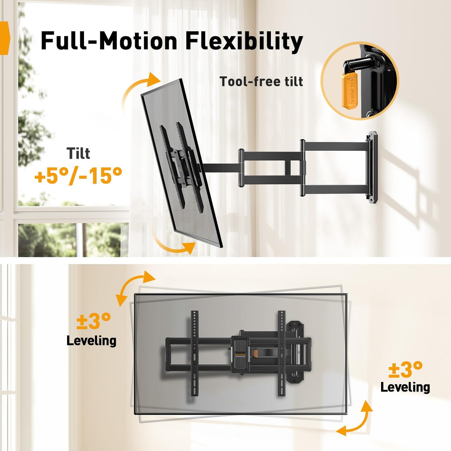 Perlegear Corner TV Wall Mount Long Arm TV Mount Bracket for 37-75 Inch TVs-Full Motion Wall Mount with 32.37” Extension & Swivel Articulating Arm & Tilt, MAX VESA 600x400mm, Holds up to 100 lbs