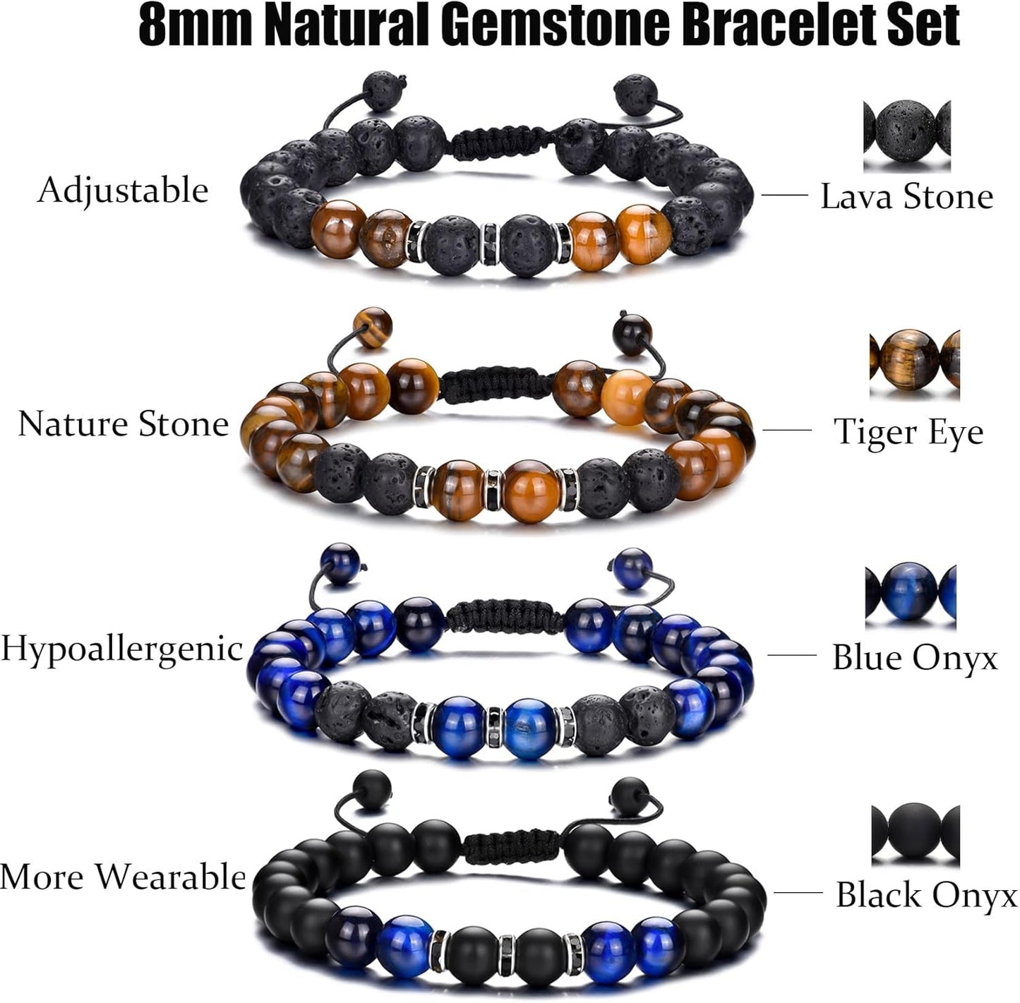 Tigerauge Armband für Herren 8MM Natursteinperlen Armband Set Stretch Lava Stein Armbänder Verstellbares Schwarzes Kristallperlenarmband für Herren Damen Geschenke