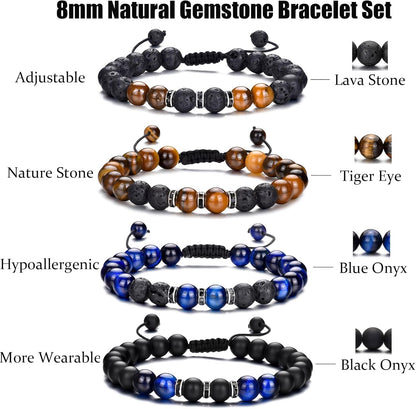 Tigerauge Armband für Herren 8MM Natursteinperlen Armband Set Stretch Lava Stein Armbänder Verstellbares Schwarzes Kristallperlenarmband für Herren Damen Geschenke