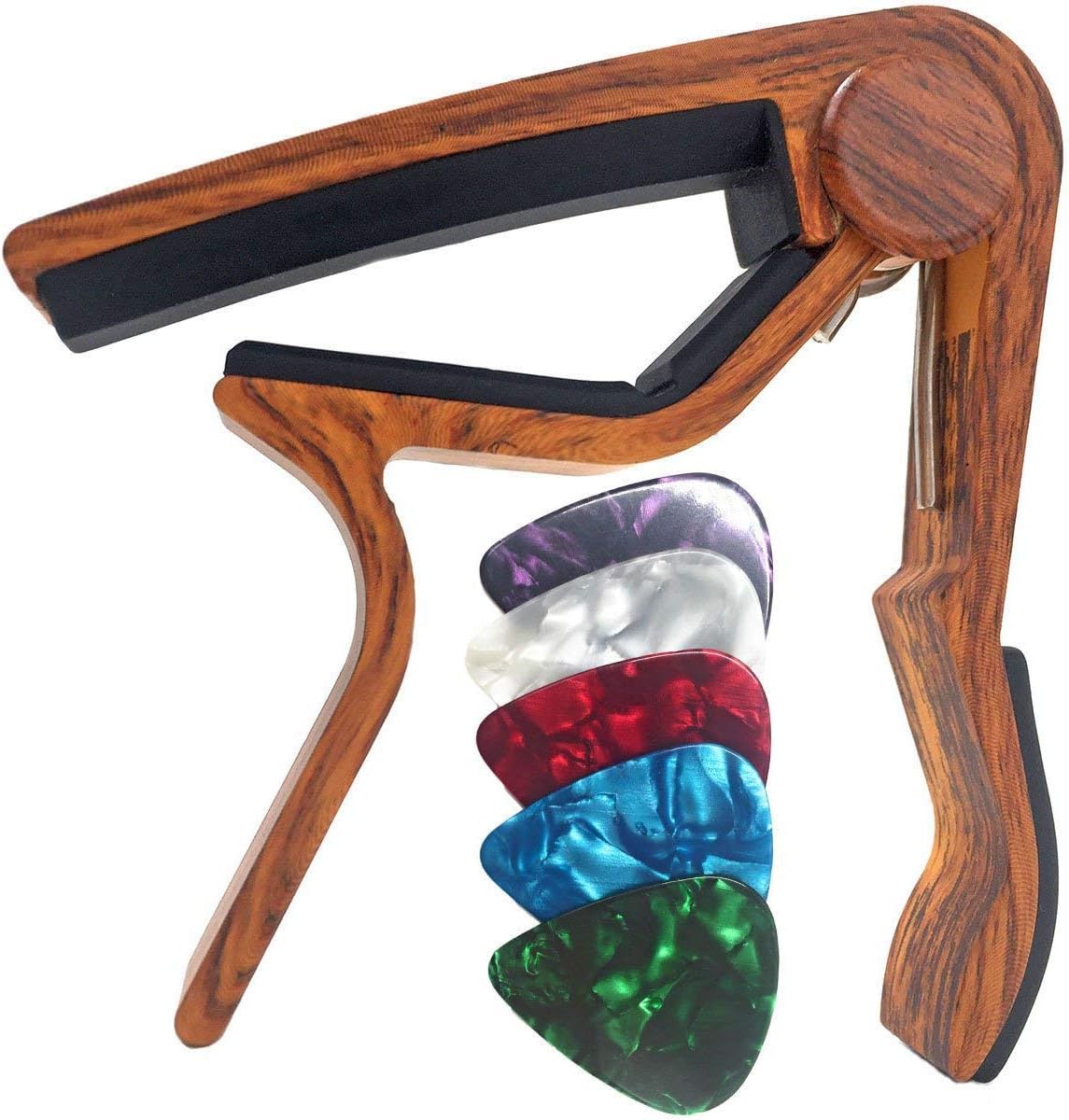 WINGO Wooden Guitar Capo for 6-String Acoustic Electric Guitars,Bass,Ukulele -Rosewood Free 5 Picks
