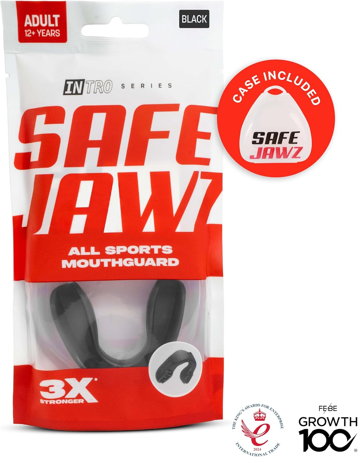SAFEJAWZ Mundschutz, trägerlos, schlanke Passform, für Erwachsene und Jugendliche mit Etui für Boxen, Basketball, Football, MMA, Kampfsport, Hockey und alle Kontaktsportarten (Erwachsene (ab 12 Jahre), Transparent)