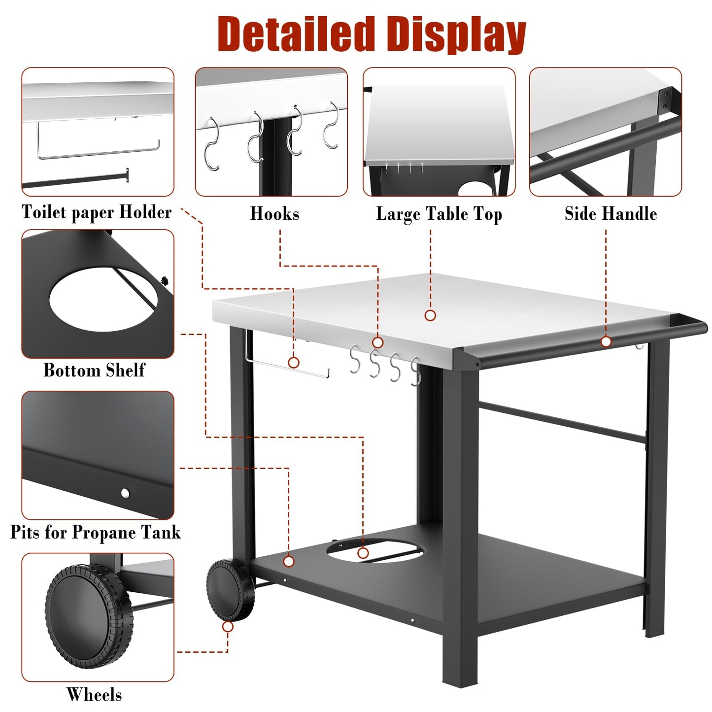 Pizza Oven Table Grill Cart with Topping Station, Grill Table Stand with Wheels for Ninja, Blackstone Griddle, Ooni, Gozney, Cuisinart, Heavy Duty BBQ Prep Cart with Storage Shelf and Hooks