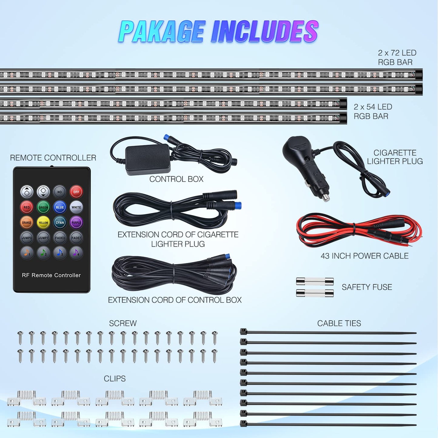 Nilight 4Pcs Car Underglow Neon Accent Strip Lights 252 LEDs RGB 8 Color Sound Active Function Music Mode with Wireless Remote Control Underbody Light Strips for Cars Van SUV Truck