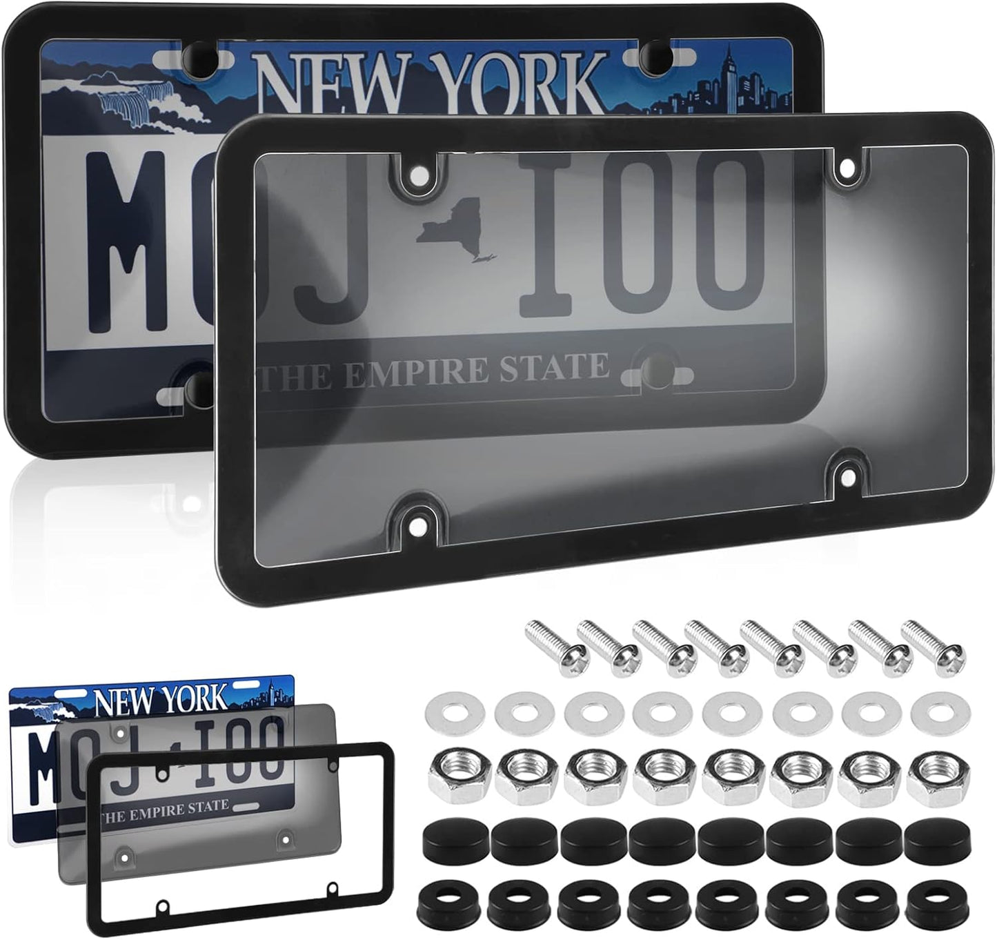 2 Pack Car Smoked License Plate Covers Frame Shield Combo - Unbreakable License Plate Tinted Cover Novelty Fits All Standard US Plates,Bubble Design License Plate Holder with Screws & Caps(Black)