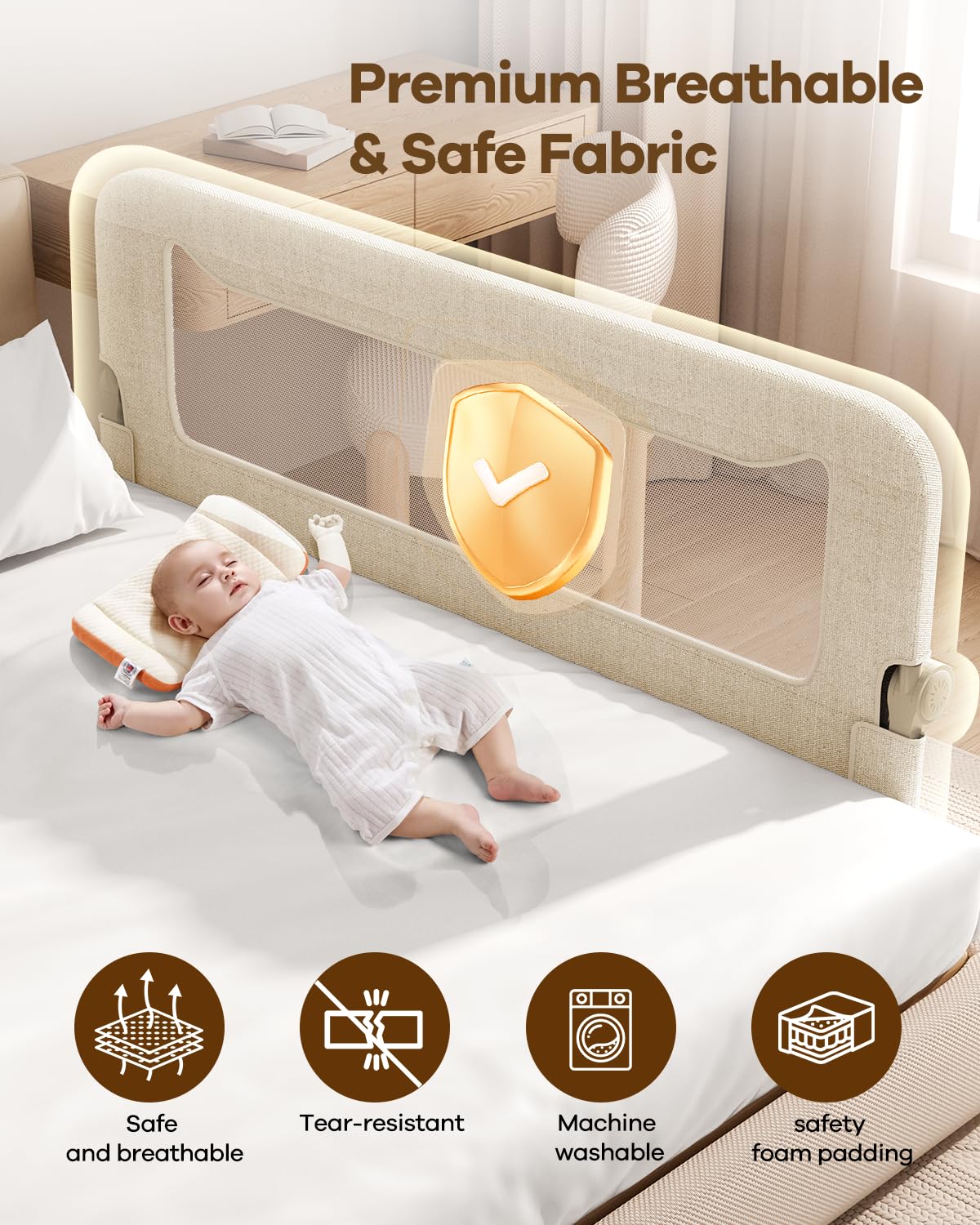 Foldable Bed Rail for Toddlers, 71in Reinforced Carbon Steel Frame&Connectors, Breathable Cationic Fabric - Safety Toddler Bed Rails for Queen, King, Twin, Full, No-Tool Setup.