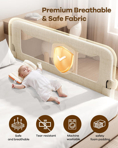 Foldable Bed Rail for Toddlers, 71in Reinforced Carbon Steel Frame&Connectors, Breathable Cationic Fabric - Safety Toddler Bed Rails for Queen, King, Twin, Full, No-Tool Setup.