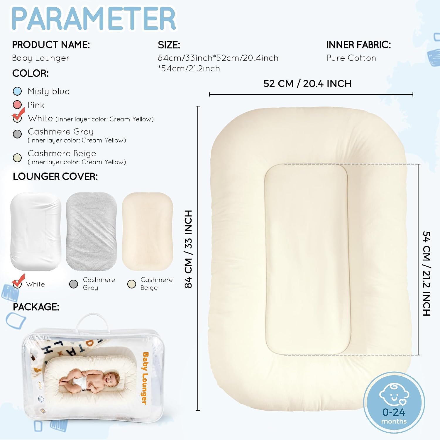 Baby Lounger & Nest for Newborn 0-24 Months, Baby Nest Supervised Breathable Cotton for Newborn, Newborn Essentials Gifts, Breathable Portable Infant Lounnger for Travel and Home(Cream White)