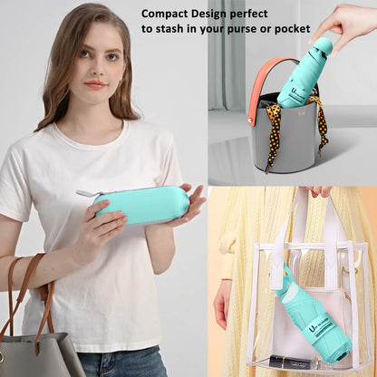 BAODINI Reiseutensilien Mini-Regenschirm für die Handtasche mit Etui Klein Kompakt UV-Sonnenschutz Leicht Winzig Tasche Manuelles Öffnen und Schließen Regenschirm für Damen, Kinder und Herren Passt in Handtasche Rucksack